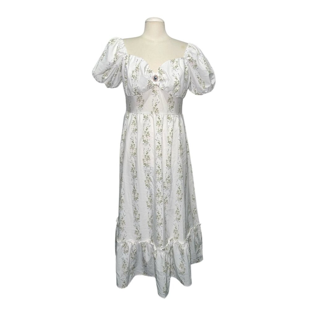 Shein Floral Cottagecore Midi Dress Sz Large Womens Puff Sleeves & Sweetheart Ne